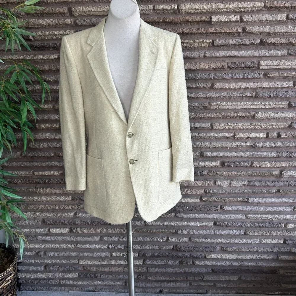 Adolfo Men's Vintage 80s Wool Blend Cream Nubby Sports Coat Blazer Size 40R